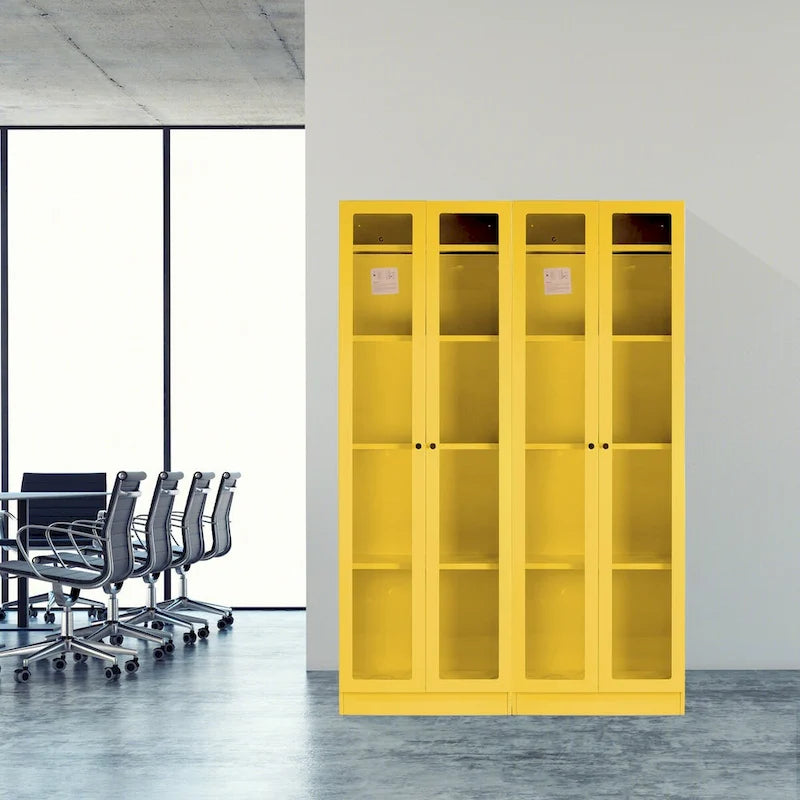 Gabinete de almacenamiento de acero amarillo brillante con paneles de doble puerta transparentes
