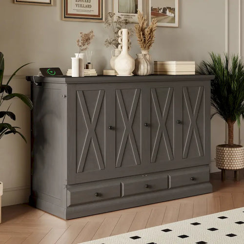 Lit escamotable classique en pin avec armoire, tiroir et recharge